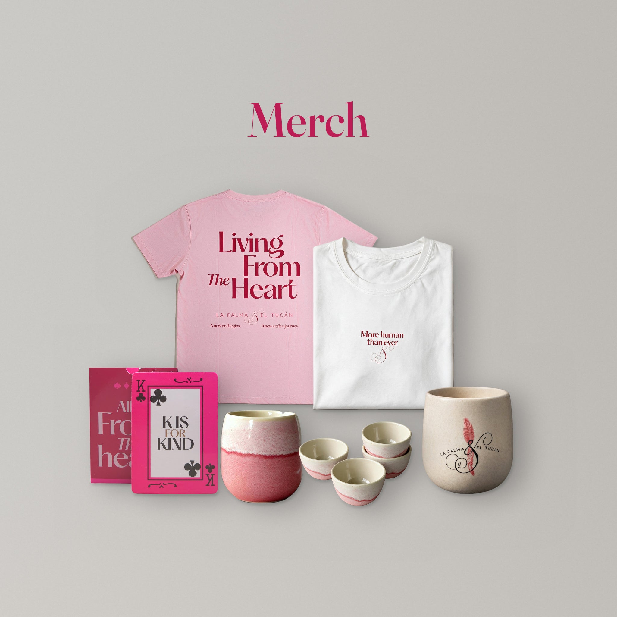 La Palma & El Tucán merch: Living From The Heart t-shirts, logo ceramic tumbler, stoneware cups and playing cards
