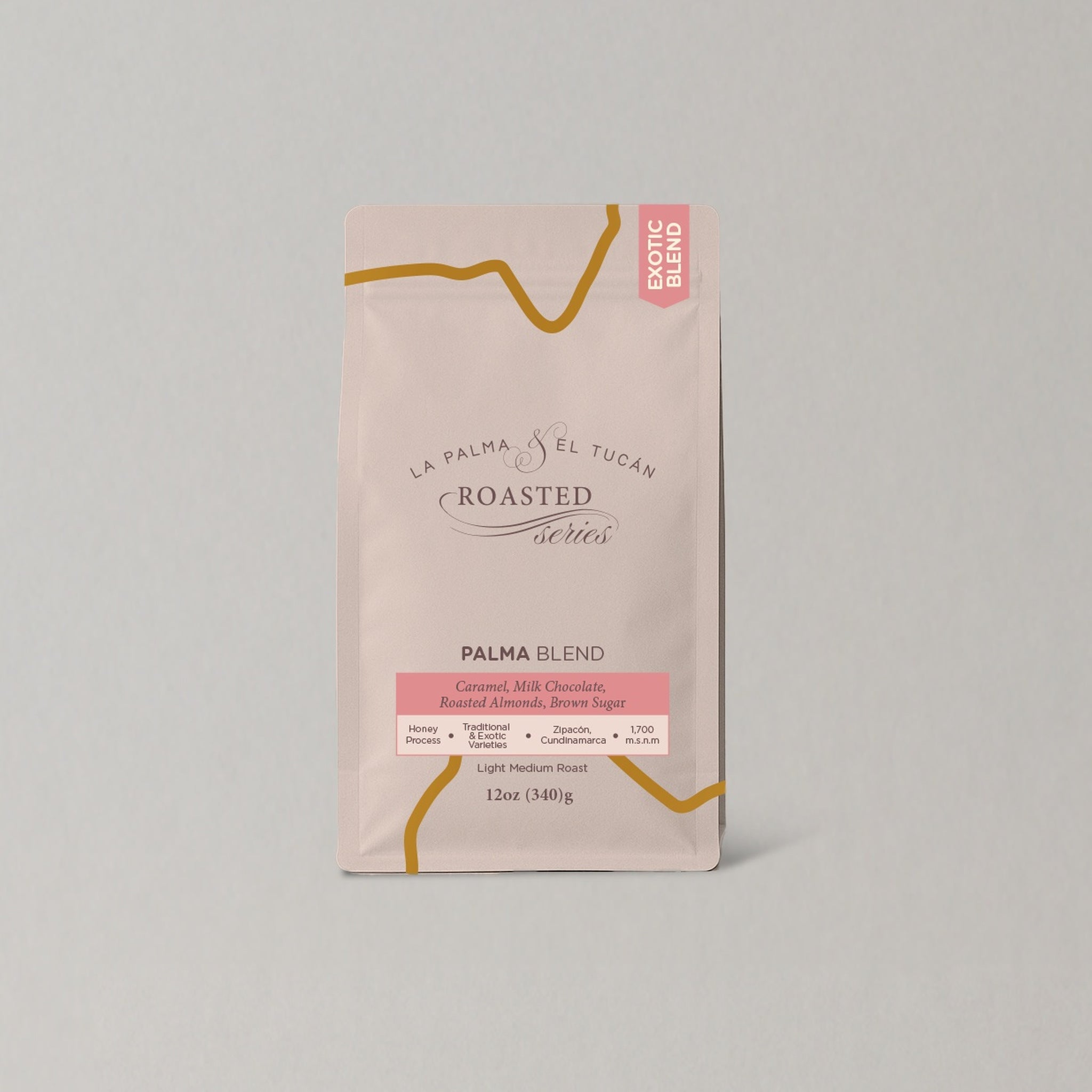 Exotic Blends: Roasted Palma Blend 12 oz coffee bag, front