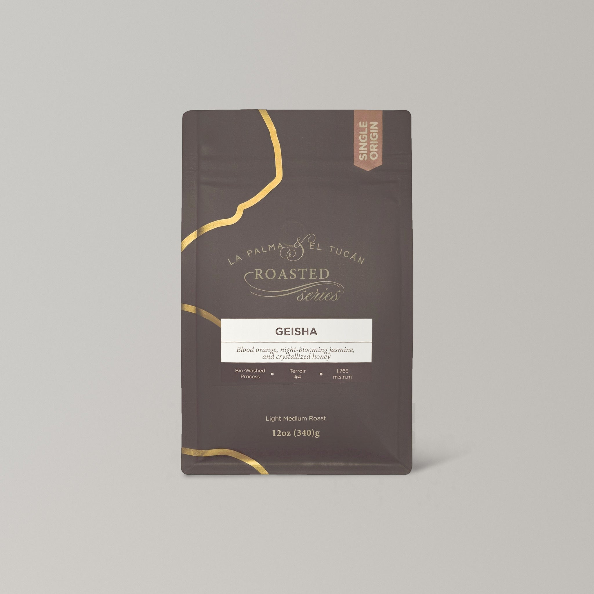 Roasted Geisha 12 oz coffee bag, front