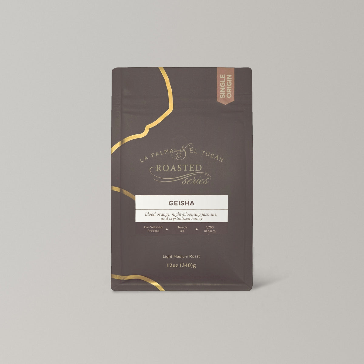 Roasted Geisha 12 oz coffee bag, front