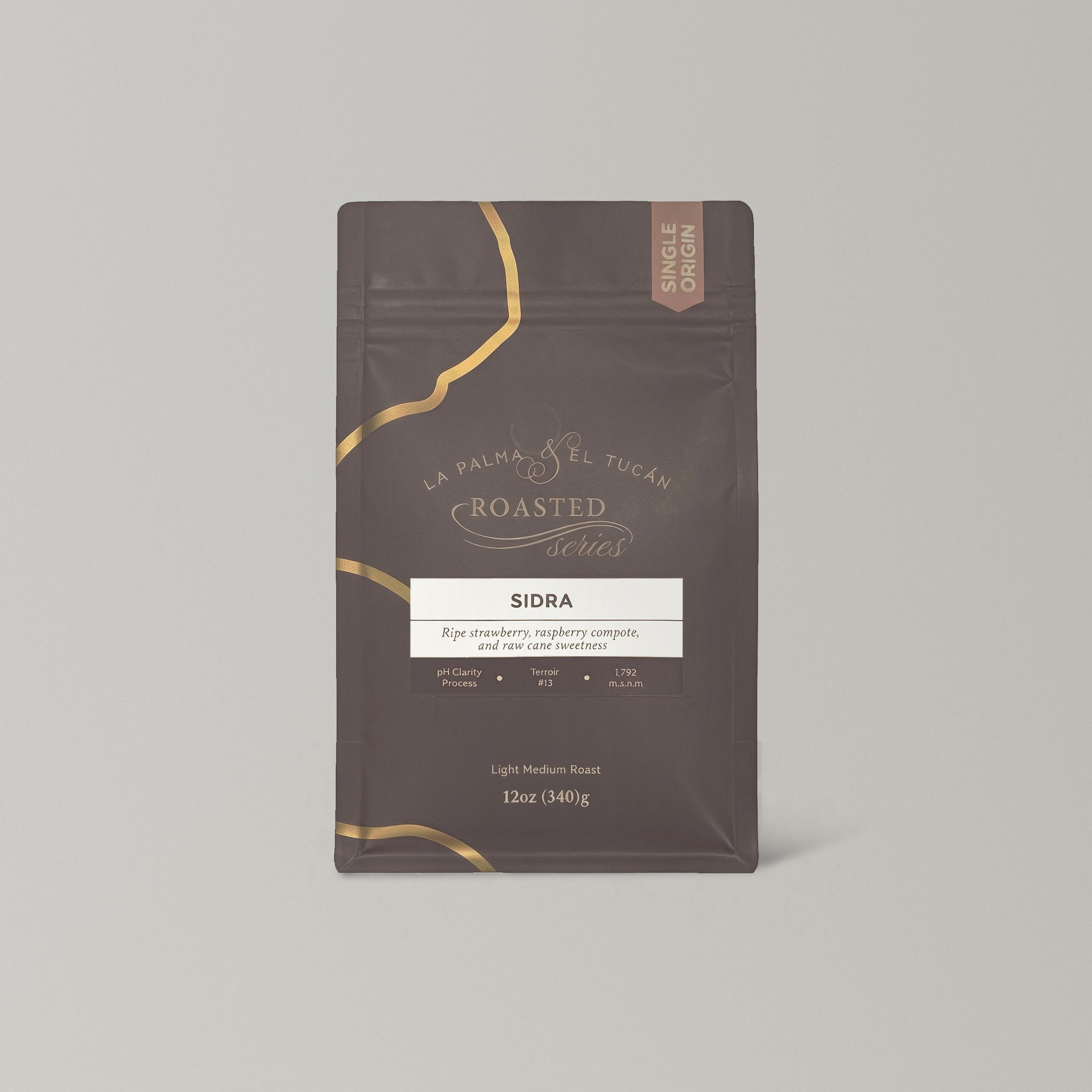 Roasted Sidra 12 oz coffee bag, front