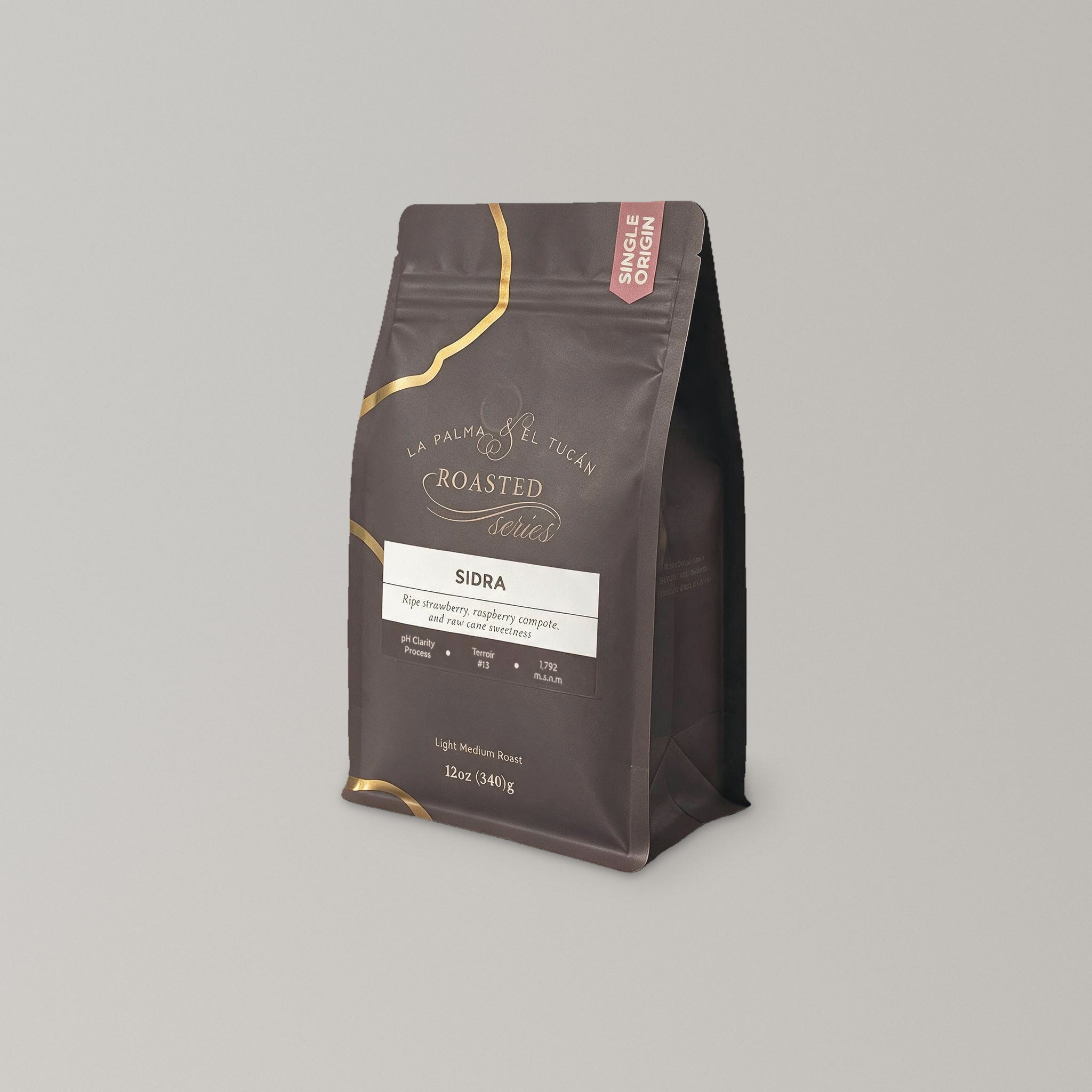 Roasted Sidra 12 oz coffee bag, side view