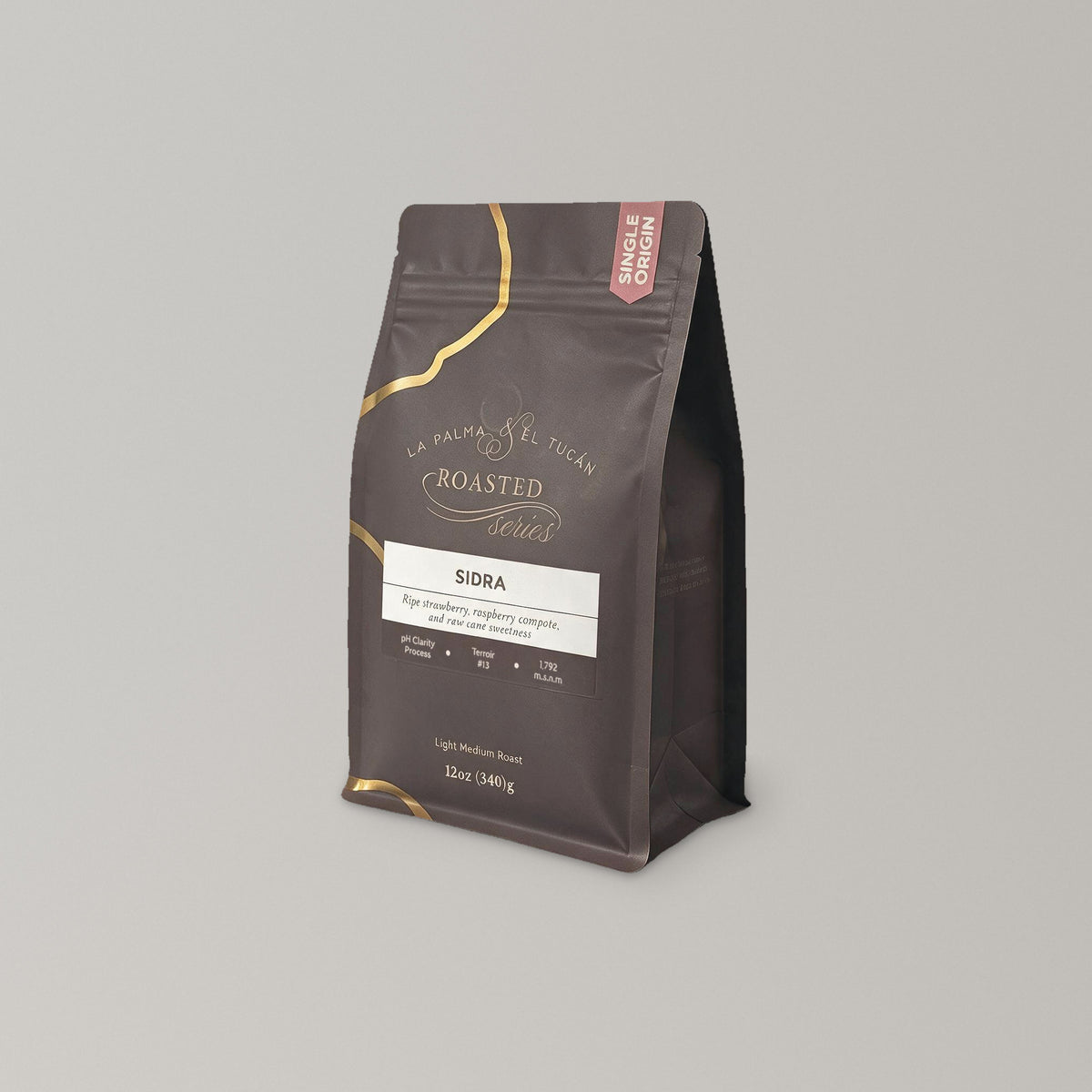 Roasted Sidra 12 oz coffee bag, side view