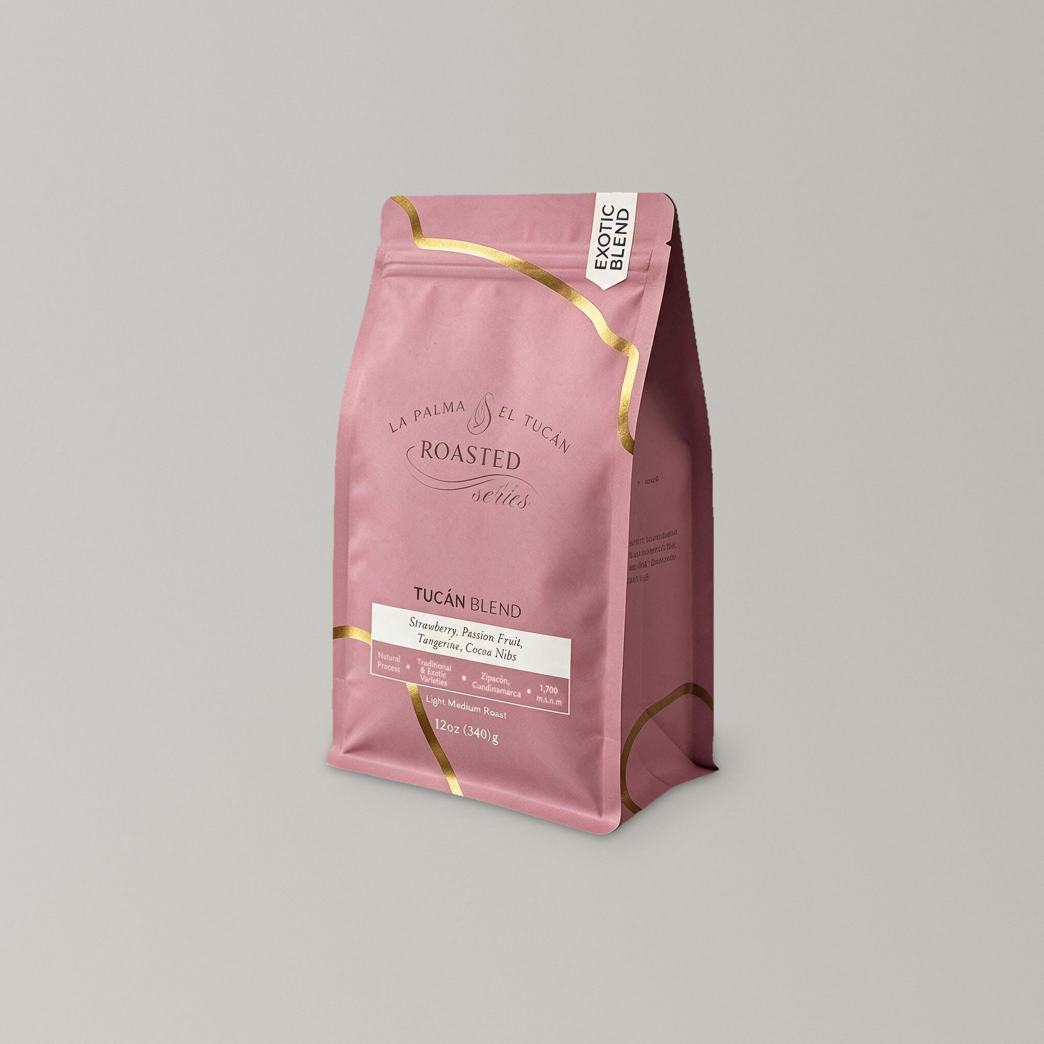Roasted Tucán Blend 12 oz coffee bag, side view