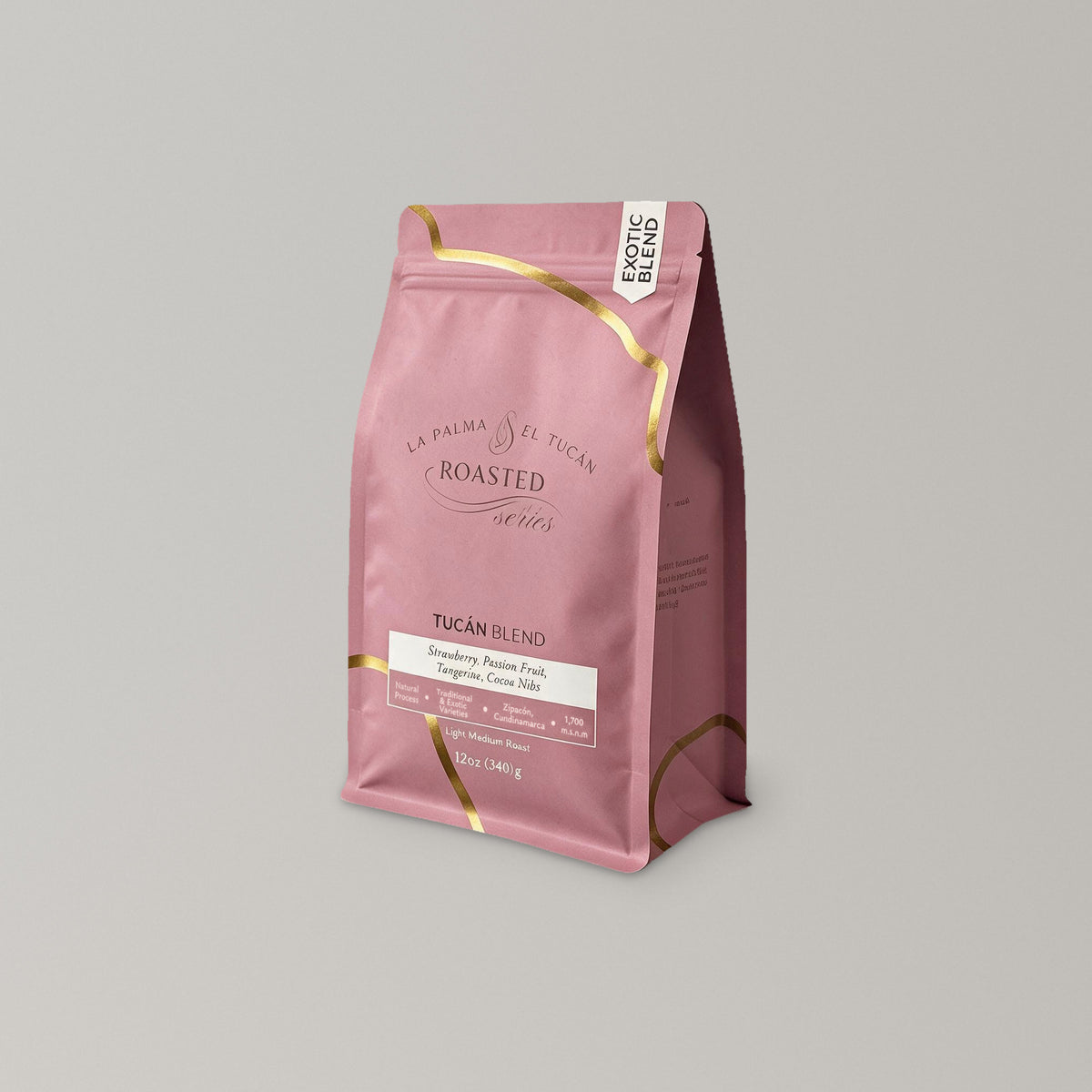 Roasted Tucán Blend 12 oz coffee bag, side view