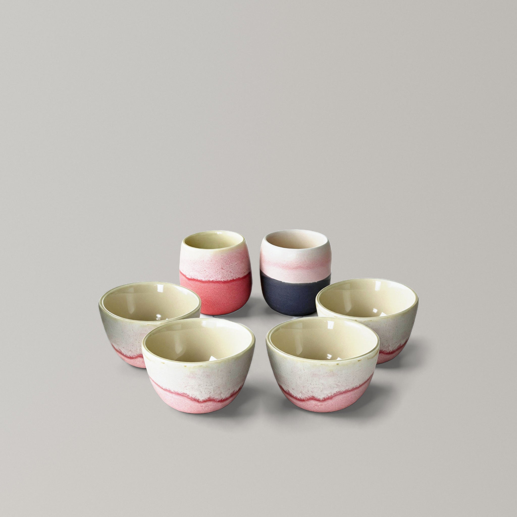 The Full Collection, six handmade stoneware pieces: two Daily Cups and four cupping bowls