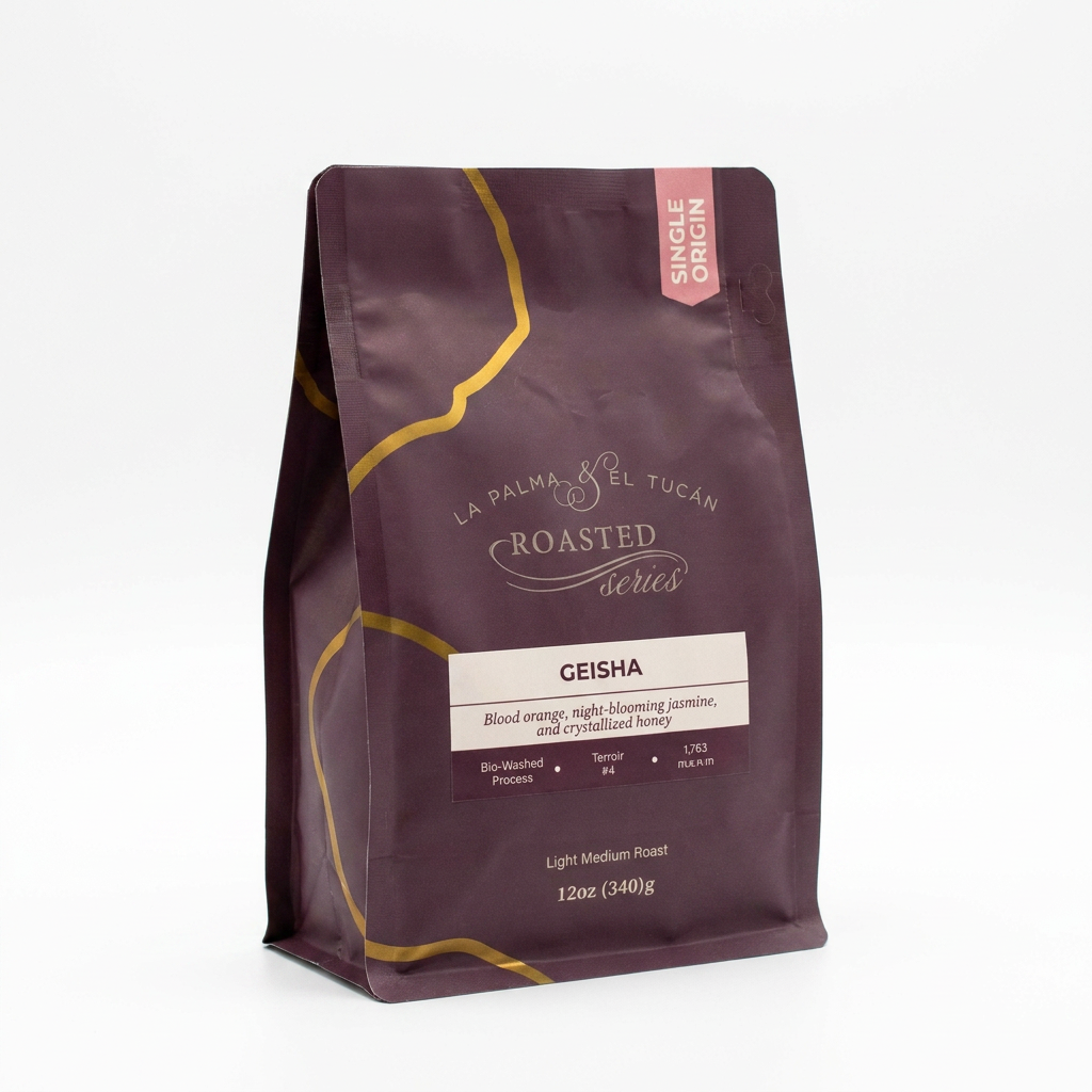 Roasted Geisha coffee bag on white studio background