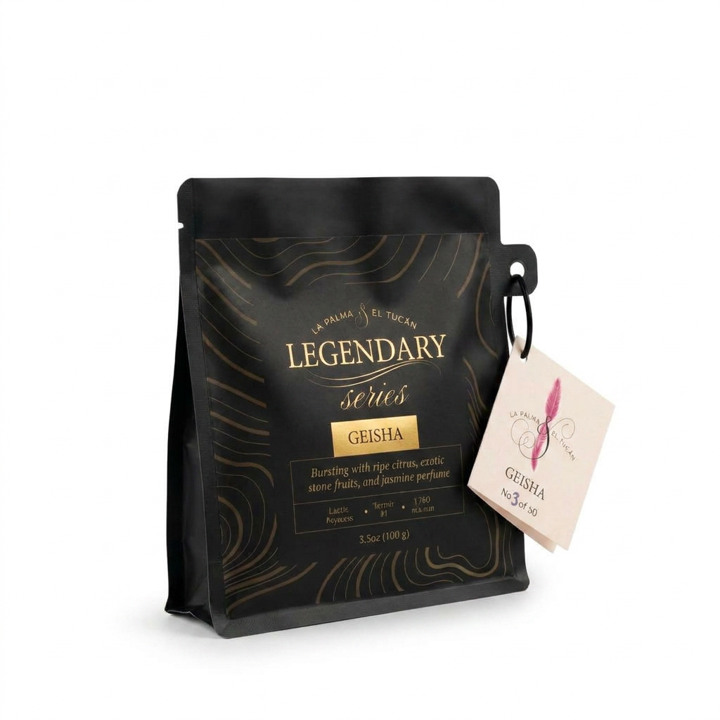 Roasted Legendary Geisha 90+ coffee bag on white studio background