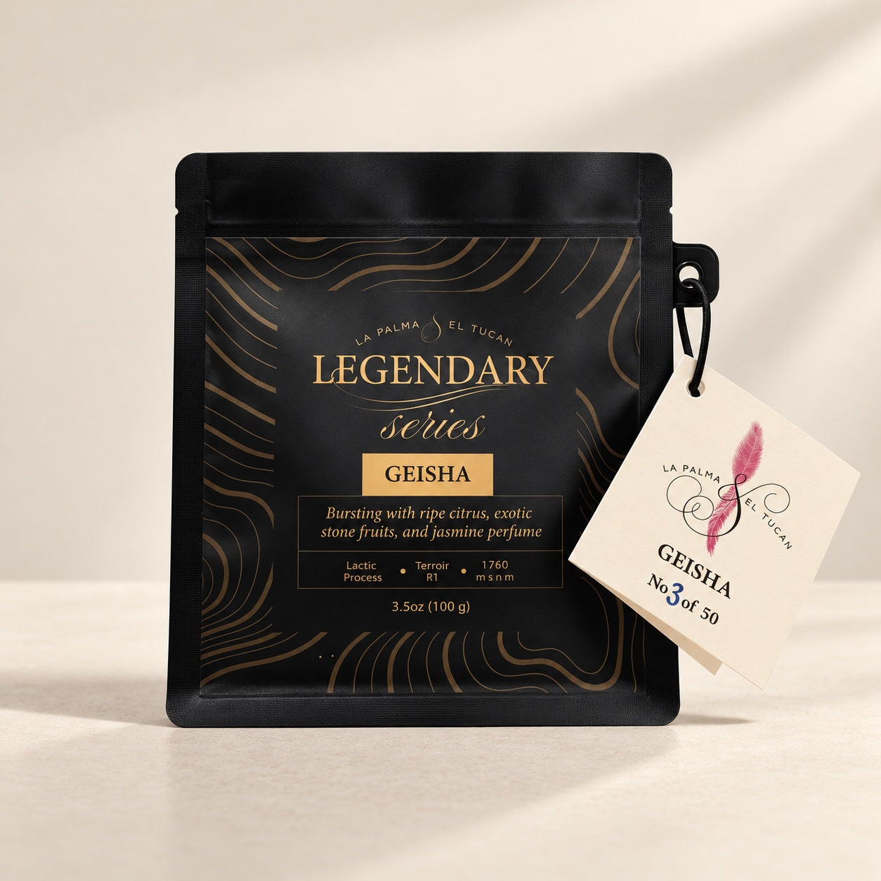 Legendary Series Geisha 100 g with its numbered tag — La Palma & El Tucán