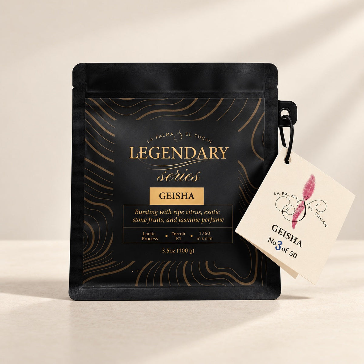 Legendary Series Geisha 100 g with its numbered tag — La Palma & El Tucán