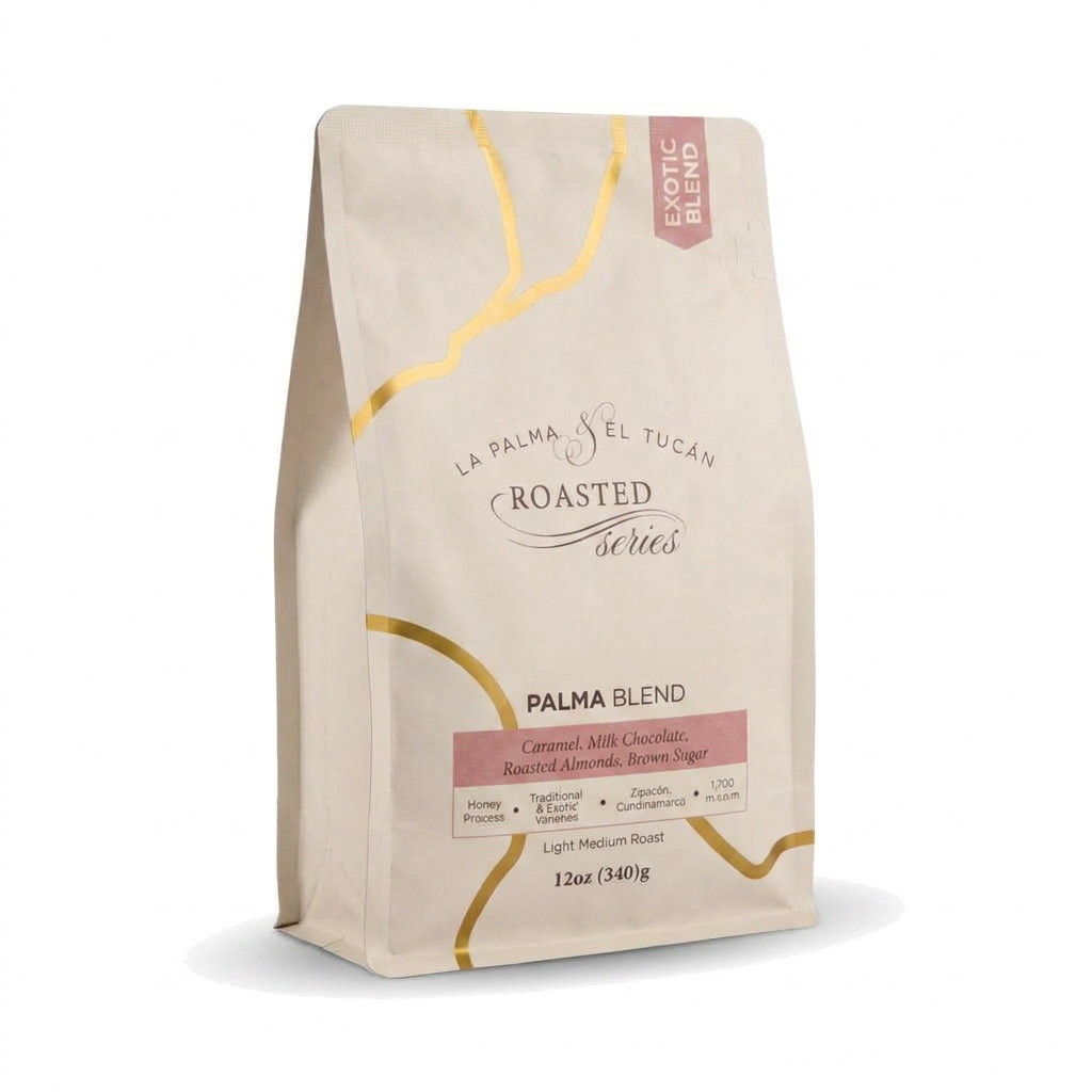 Roasted Palma Blend coffee bag on white studio background