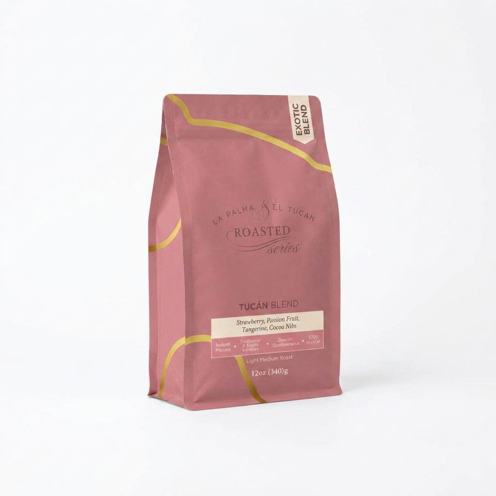 Roasted Tucan Blend coffee bag on white studio background